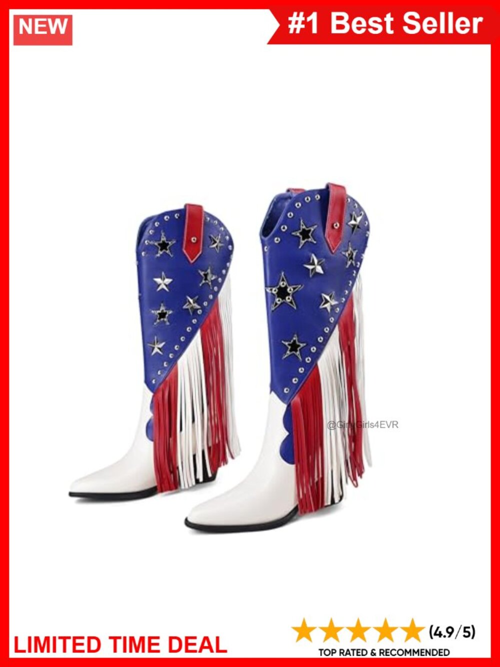 Patriotic Fringe Studded Cowboy Boots Pointed Toe Chunky Mid Heel Mid-Calf